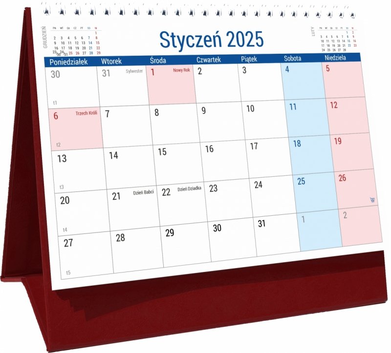 Kalendarz biurkowy PLANO na rok 2025 z dużą ilością miejsca na notatki