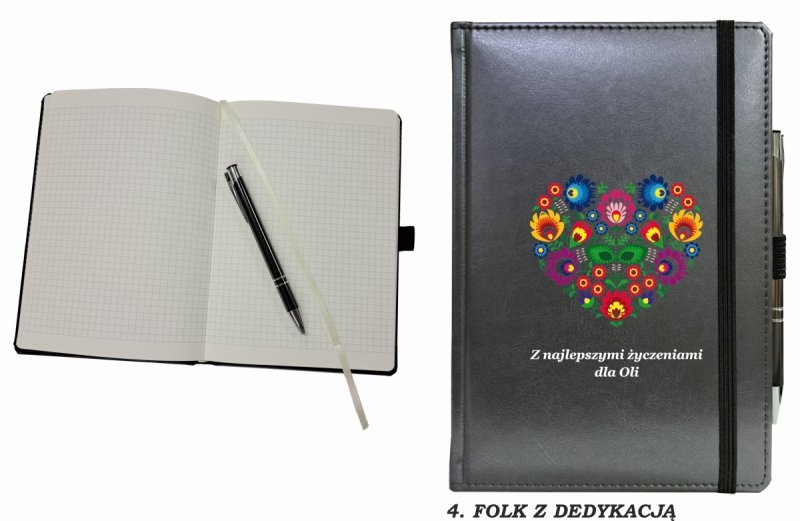 notes zamykany na gumkę z długopisem z grafiką na okładce