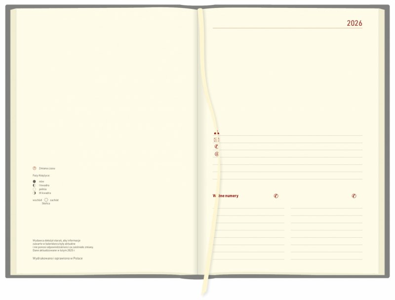 kalendarz A5 na rok 2026 w układzie dziennym, papier w kolorze chamois