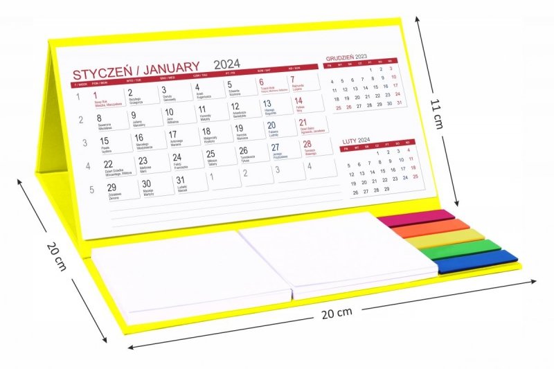 Wymiary kalendarza biurkowego MIDI 3-miesięcznego z notesami i znacznikami 