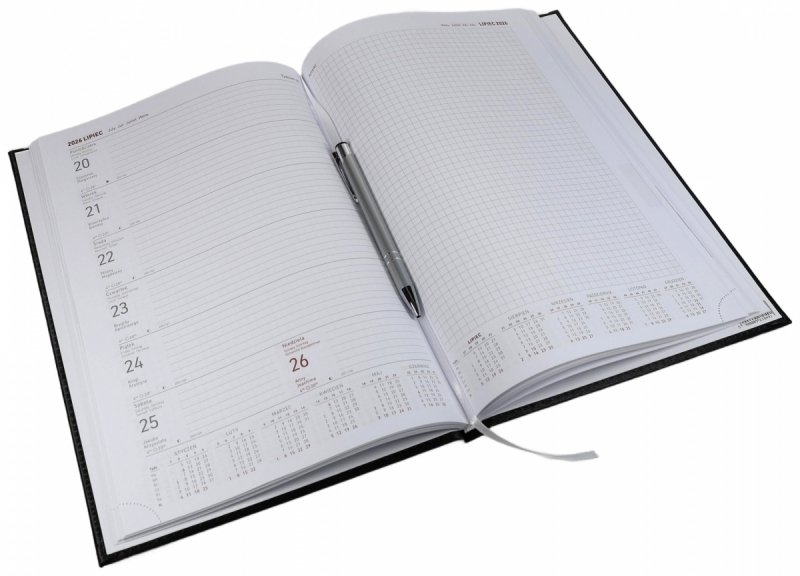 Kalendarz książkowy 2026 A4 TYGODNIOWY Z NOTESEM papier biały drukowane registry oprawa VIVELLA EXCLUSIVE granatowa