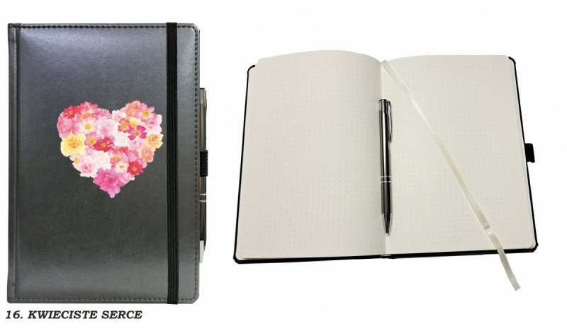 notes zamykany na gumkę z długopisem z grafiką na okładce