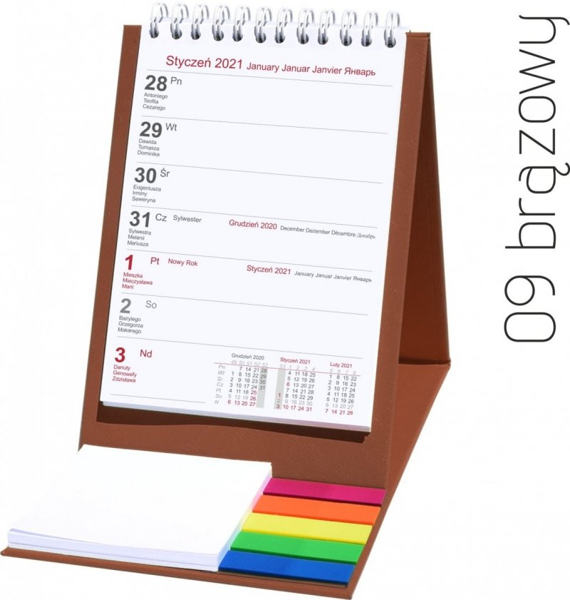 Kalendarz biurkowy z notesem i znacznikami TOP tygodniowy 2021 brązowy