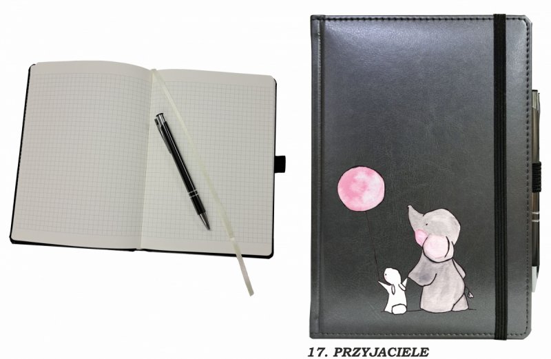 notes zamykany na gumkę z długopisem z grafiką na okładce