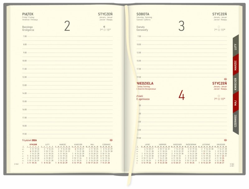 Kalendarz książkowy 2026 A5 dzienny papier kremowy wycinane registry oprawa ALUMINIUM czarna Z NADRUKIEM LOGO