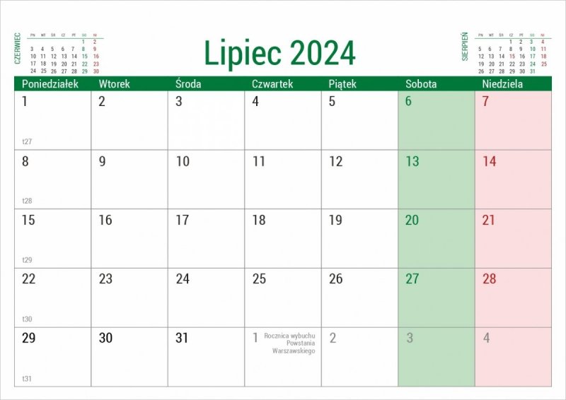 Kalendarz biurkowy do planowania - lipiec 2024