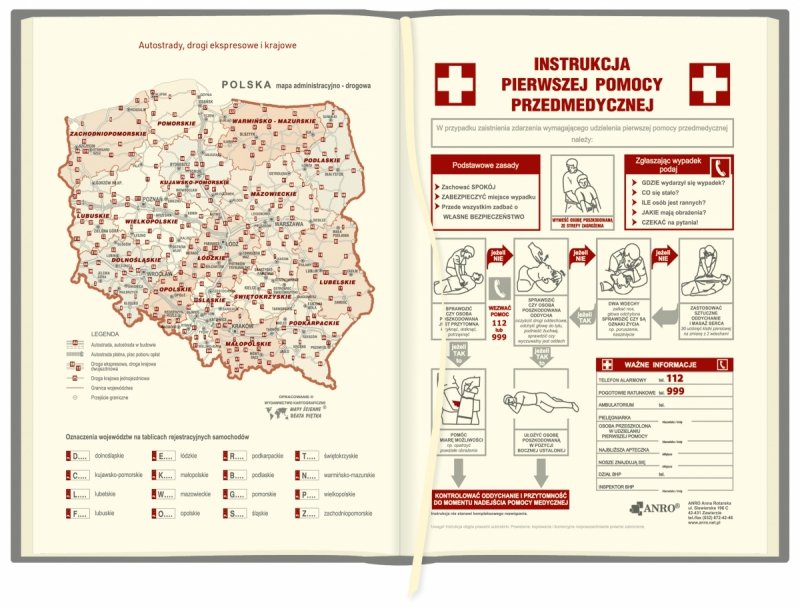 mapa z autostradami, drogami krajowymi oraz ekspreosowymi, instrukcja pierwszej pomocy przedmedycznej