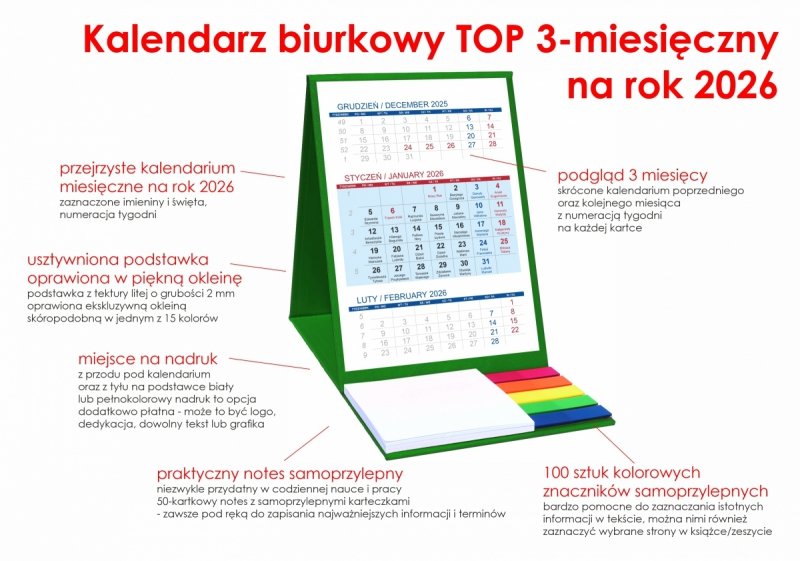 Kalendarz biurkowy z notesem i znacznikami TOP 3-miesięczny 2026 zielony
