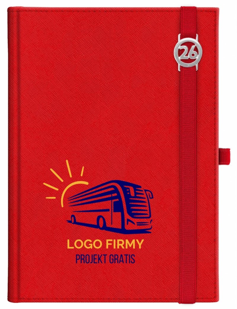 Kalendarz książkowy 2026 A5 dzienny papier chamois wycinane registry oprawa z zamykaniem na gumkę i mocowaniem na długopis ROSSA VIU czerwona Z NADRUKIEM LOGO