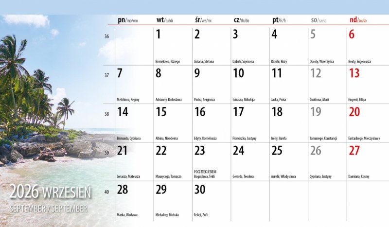 miesięczny kalendarz z różnymi widokami na rok 2026