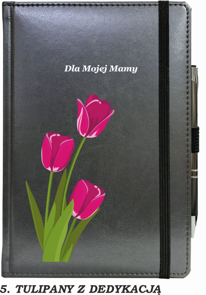 notes zamykany na gumkę z długopisem z grafiką na okładce