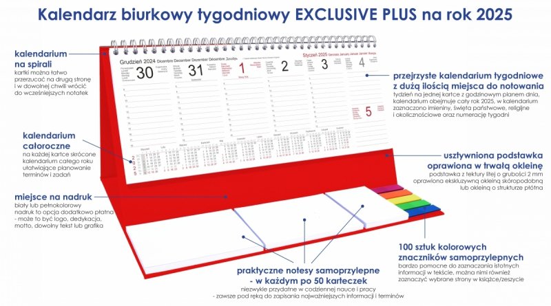 Kalendarz biurkowy stojący na podstawce - kalendarium tygodniowe na rok 2025