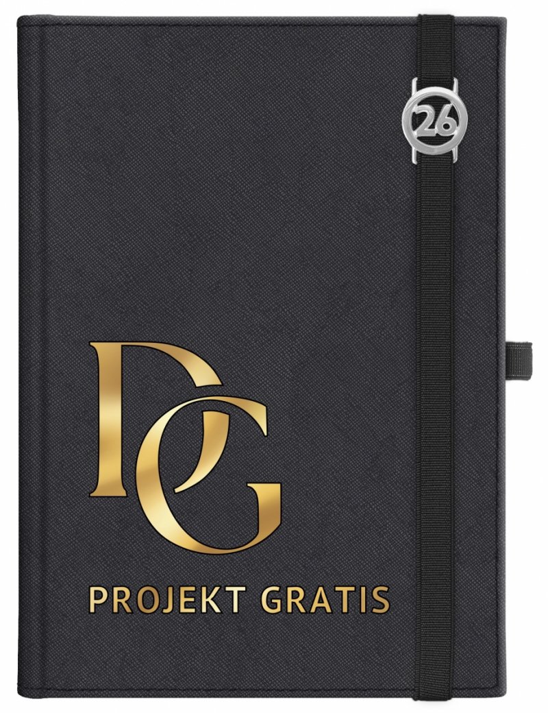 Kalendarz książkowy 2026 B5 dzienny papier chamois wycinane registry oprawa z zamykaniem na gumkę i mocowaniem na długopis ROSSA VIU czarna Z NADRUKIEM LOGO