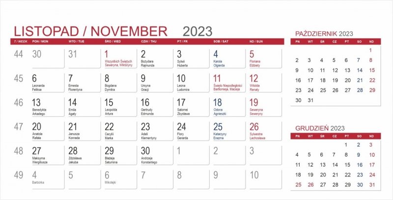 Kalendarium 3-miesięczne do kalendarza biurkowego na rok 2023 - listopad 2023