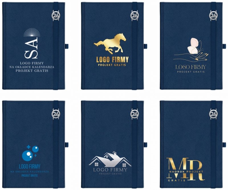 Kalendarz książkowy 2026 B5 dzienny papier chamois wycinane registry oprawa z zamykaniem na gumkę i mocowaniem na długopis ROSSA VIU granatowa Z NADRUKIEM LOGO