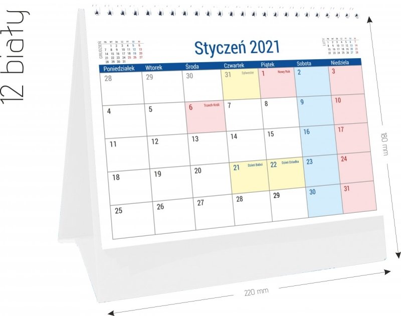 Kalendarz biurkowy stojący na podstawce PLANO 2021 biały 12