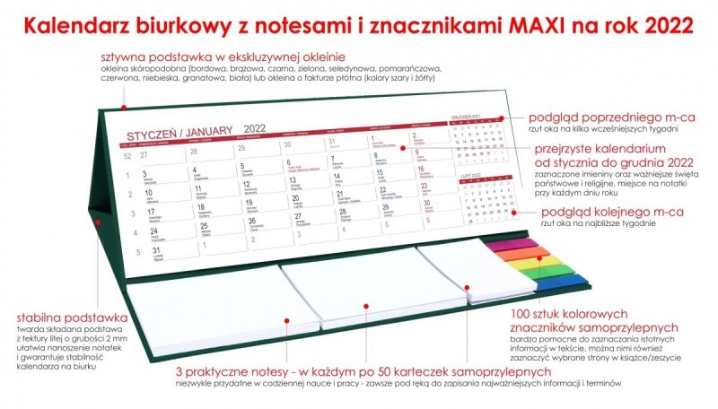 Kalendarz biurkowy z notesami i znacznikami MAXI 2022 zielony