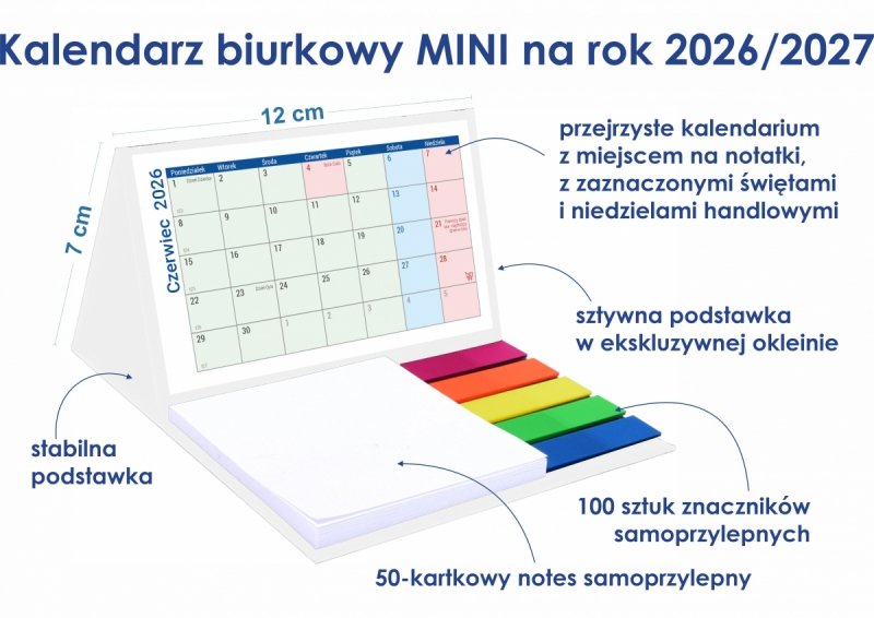 opis i wymiary kalendarza biurkowego szkolnego na rok 2026/27