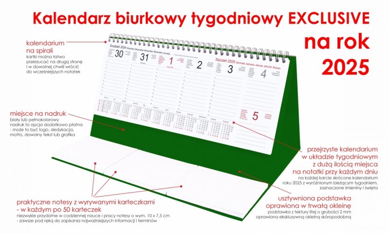 Kalendarz biurkowy stojący na podstawce - kalendarium tygodniowe na rok 2025
