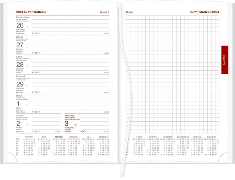 Blok kalendarza tygodniowego z notesem z papierem białym i drukowanymi registrami na rok 2024