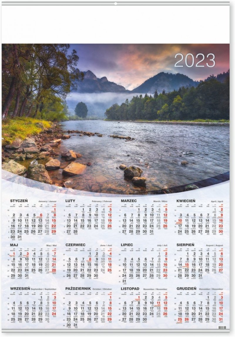 Kalendarz plakatowy na rok 2023 format B1 DUNAJEC z listwami srebrnymi