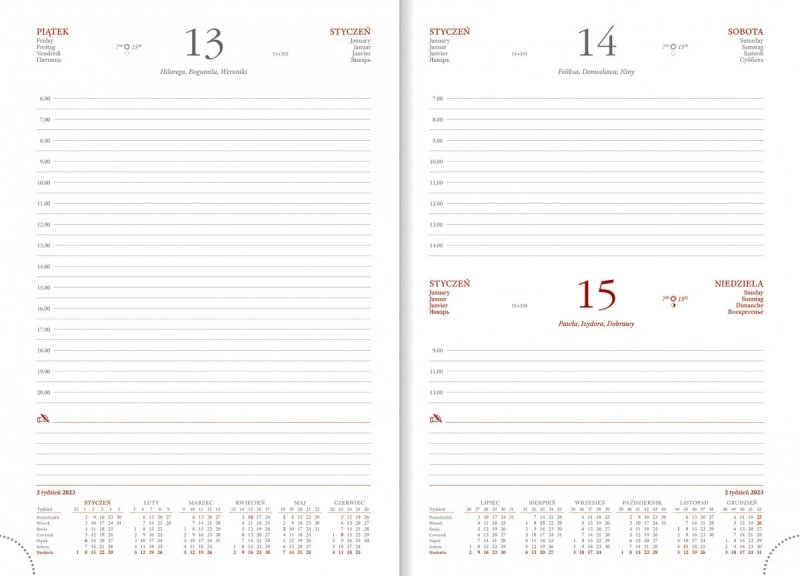 Blok kalendarza B5 dzienny papier biały drukowane registry