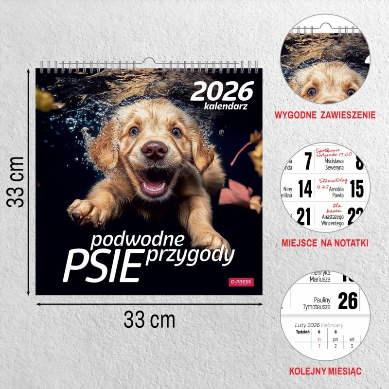 Kalendarz ścienny wieloplanszowy 33x33 cm PODWODNE PSIE PRZYGODY 2026