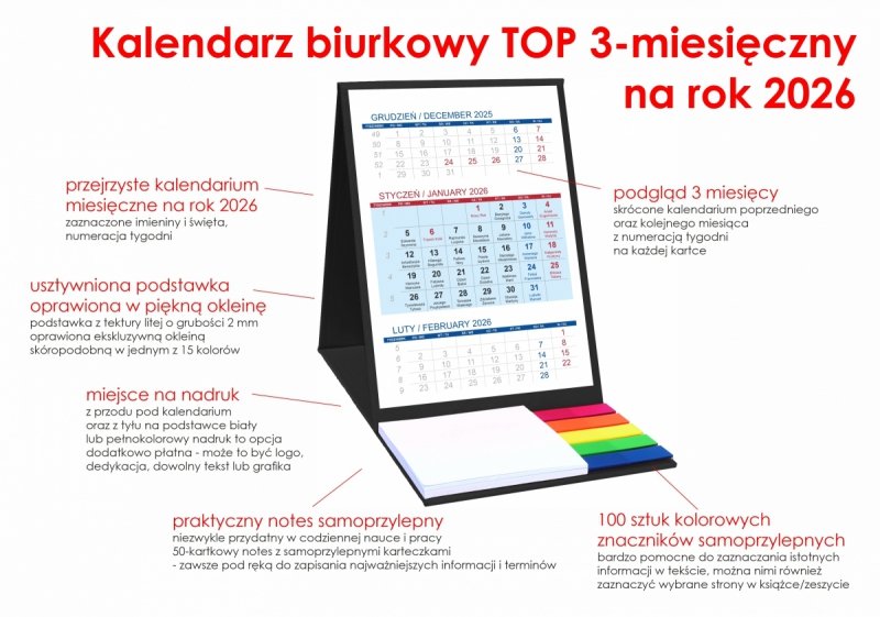 Kalendarz biurkowy z notesem i znacznikami TOP 3-miesięczny 2026 czarny
