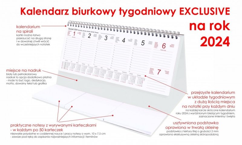 Kalendarz biurkowy stojący na podstawce - kalendarium tygodniowe na rok 2024