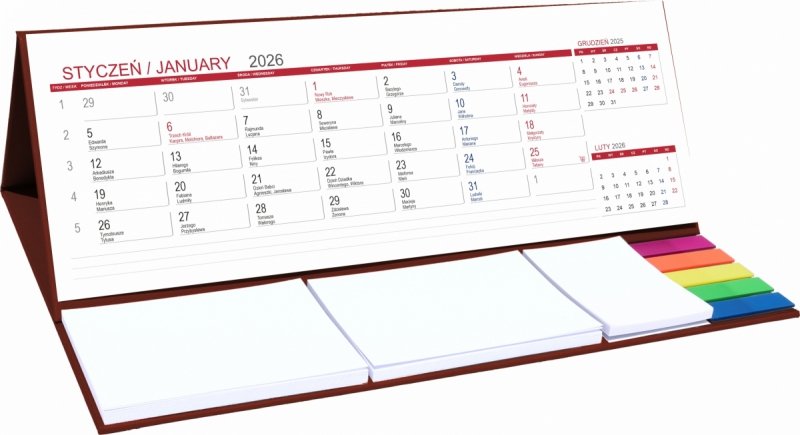 Kalendarz biurkowy z notesami i znacznikami samoprzylepnymi MAXI 2026 brązowy