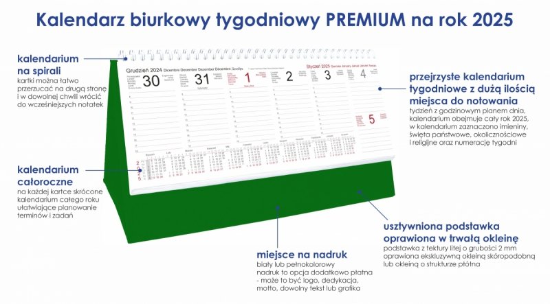 Kalendarz biurkowy stojący na podstawce - kalendarium tygodniowe na rok 2025