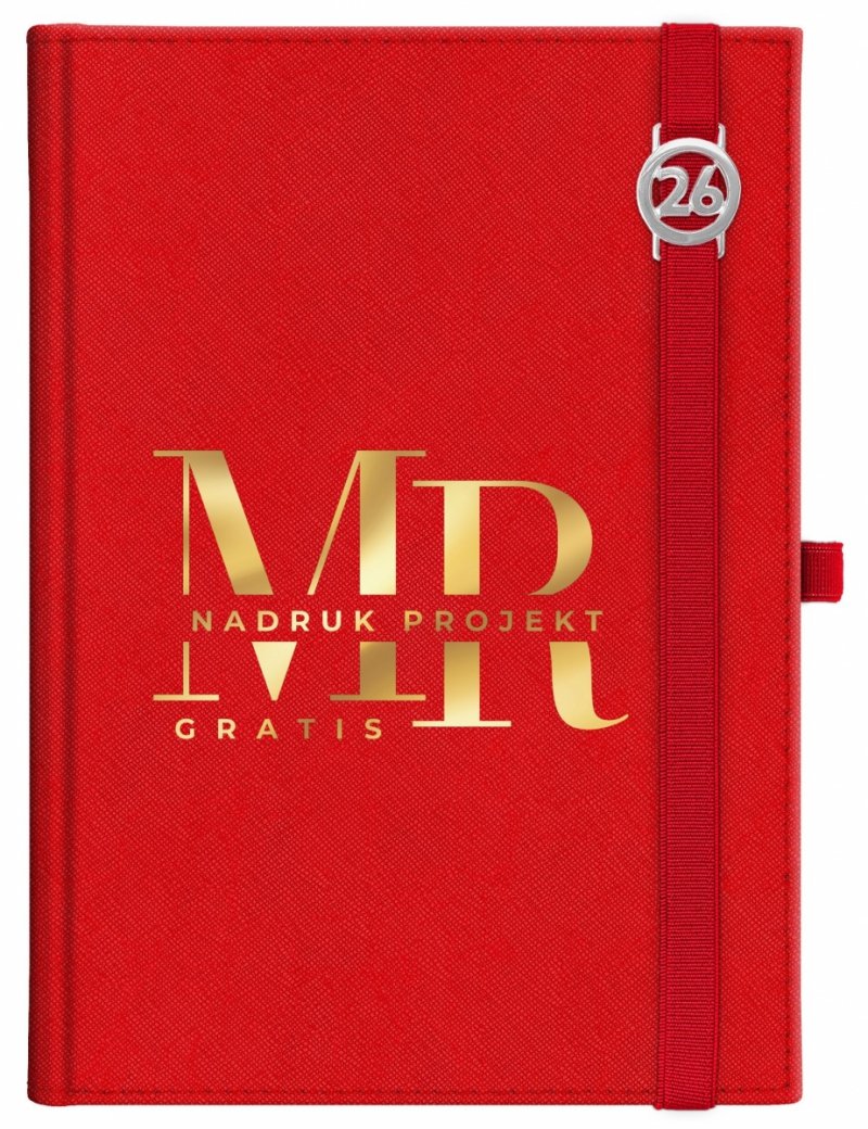 Kalendarz książkowy 2026 A4 dzienny papier chamois wycinane registry oprawa z zamykaniem na gumkę i mocowaniem na długopis ROSSA VIU czerwona Z NADRUKIEM LOGO