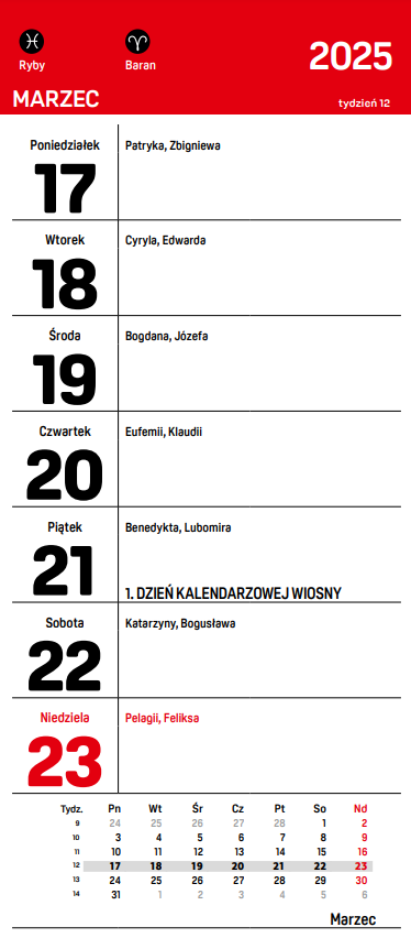 kartka z kalendarza ze skróconym kalendarium miesiąca 
