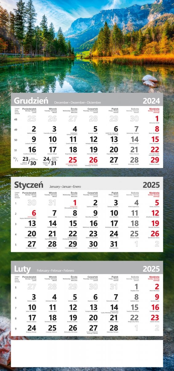 kalendarz TRÓJDZIELNY poster na rok 2025 Górskie jezioro
