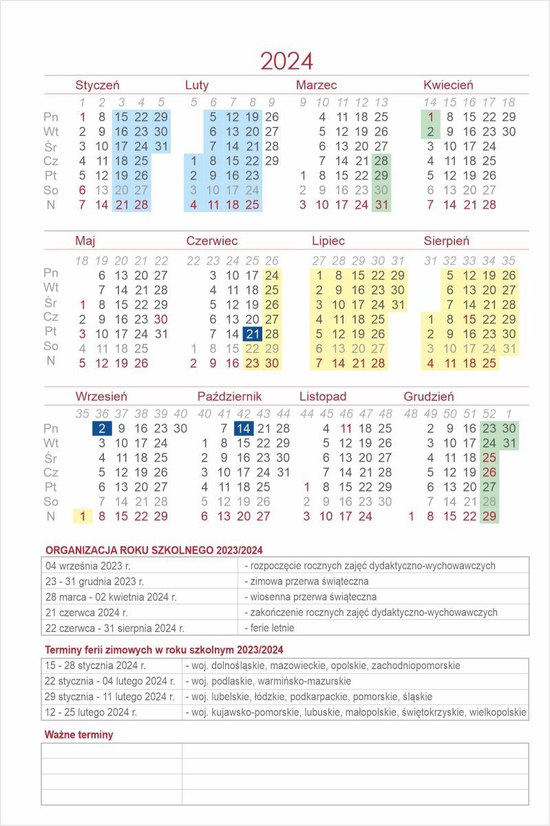 skrócone kalendarium szkolne na rok 2024