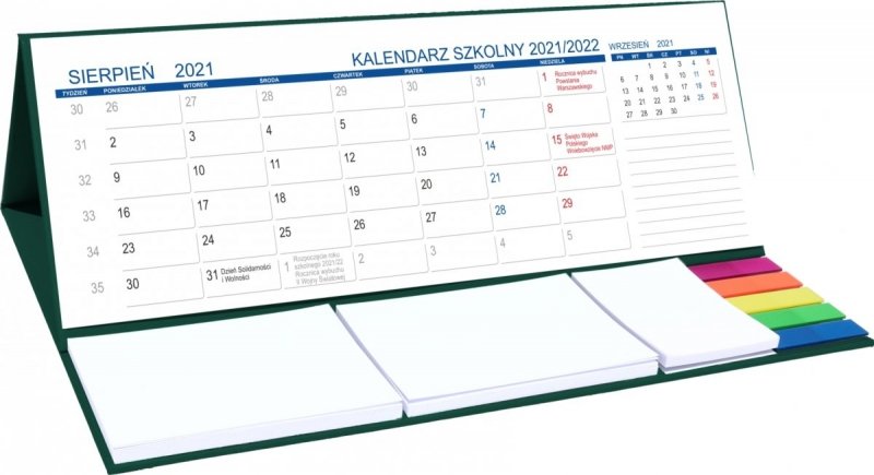 Kalendarz biurkowy z notesami i znacznikami MAXI na rok szkolny 2021/2022 zielony
