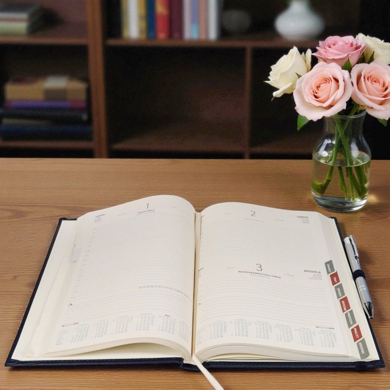 Kalendarz książkowy 2026 B5 dzienny papier chamois wycinane registry oprawa z zamykaniem na gumkę i mocowaniem na długopis ROSSA VIU czerwona