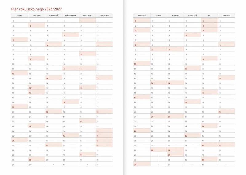 kalendarz z planem roku szkolnego 2026/2027