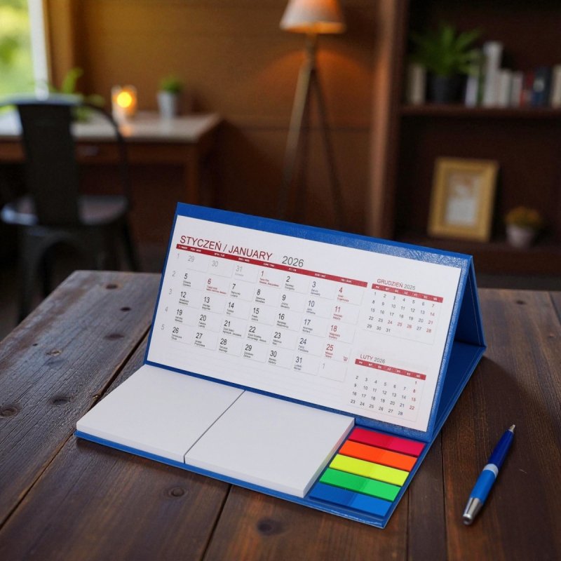 Kalendarz biurkowy z notesami i znacznikami MIDI 3-miesięczny 2026 niebieski