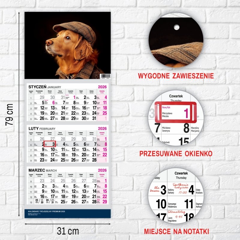 Kalendarz TRÓJDZIELNY PREMIUM 2026 PIES