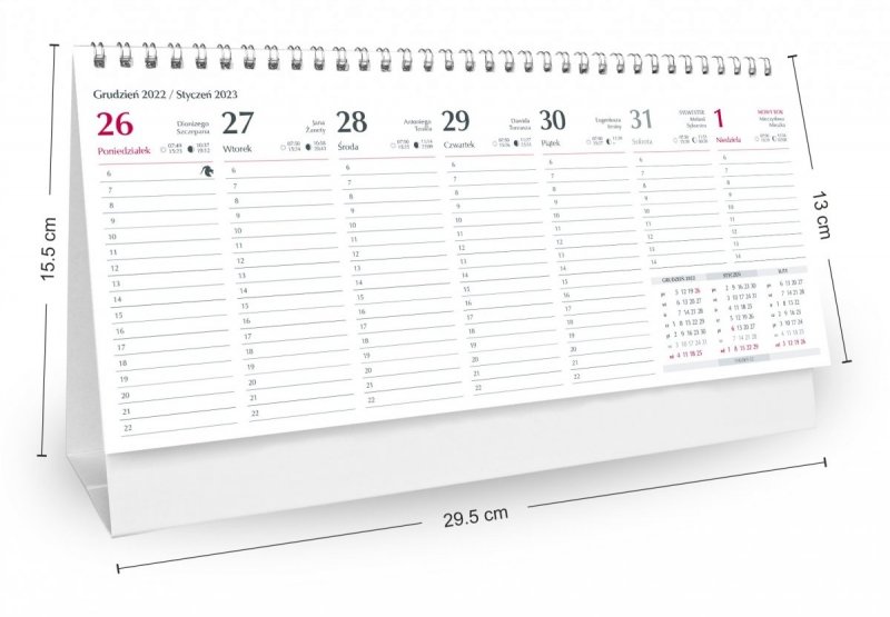 Kalendarz biurkowy stojący niebieski GÓRY 2023 - wymiary kalendarza i kalendarium
