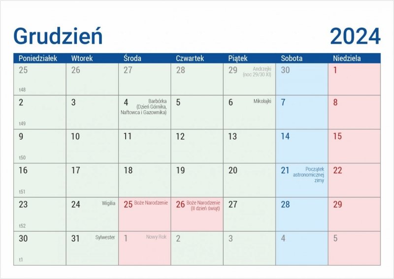 Kalendarium do kalendarza MINI PLANO - grudzień 2024