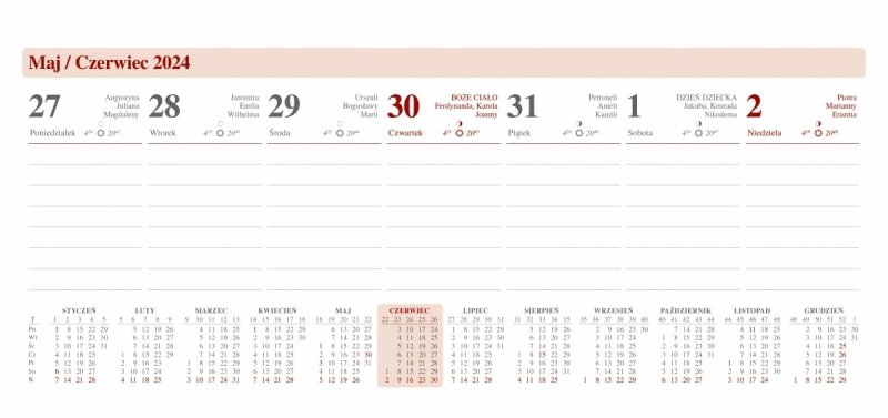 Przykładowa kartka z kalendarium na rok 2024 w kalendarzu piórnikowym