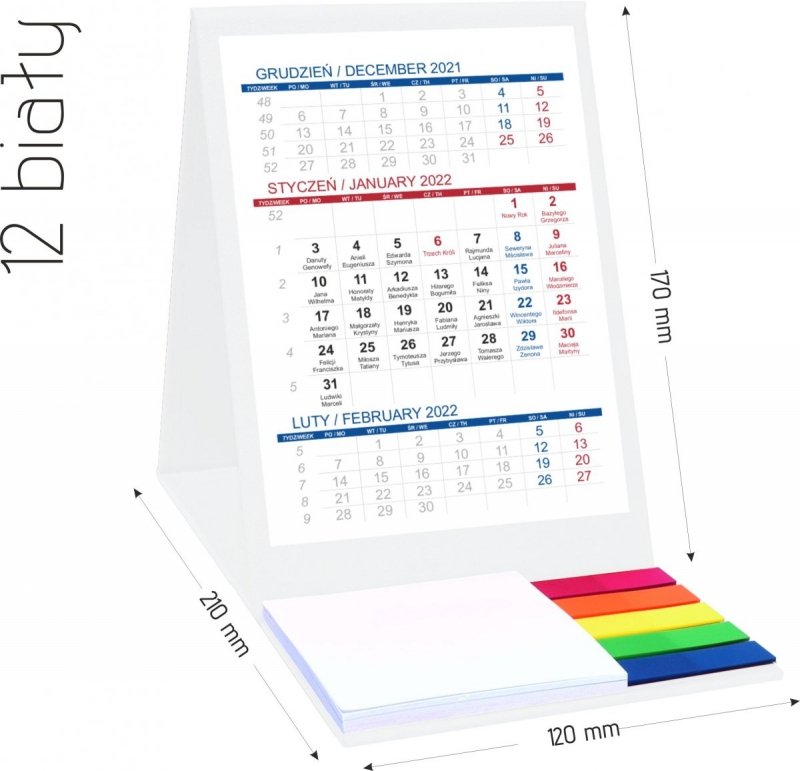 Kalendarz biurkowy z notesem i znacznikami TOP 3-miesięczny 2022 bialy