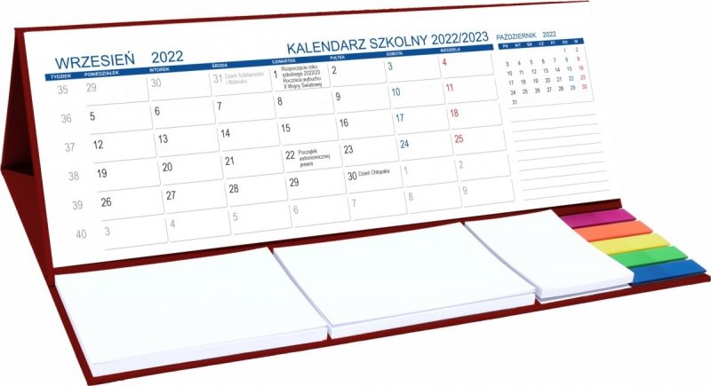 Kalendarz biurkowy z notesami i znacznikami MAXI na rok szkolny 2022/2023 bordowy