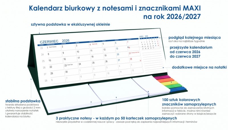 opis kalendarza MAXI szkolnego z notesami i znacznikami samoprzylepnymi