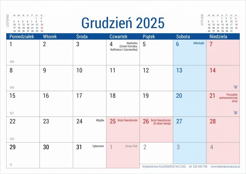 Kalendarz biurkowy z numeracją tygodni - grudzień 2025