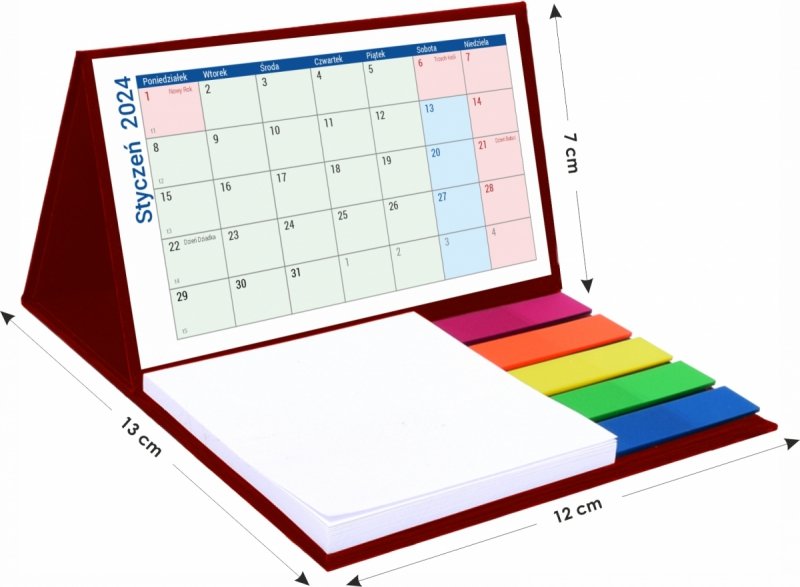 Wymiary kalendarza na biurko na rok 2024