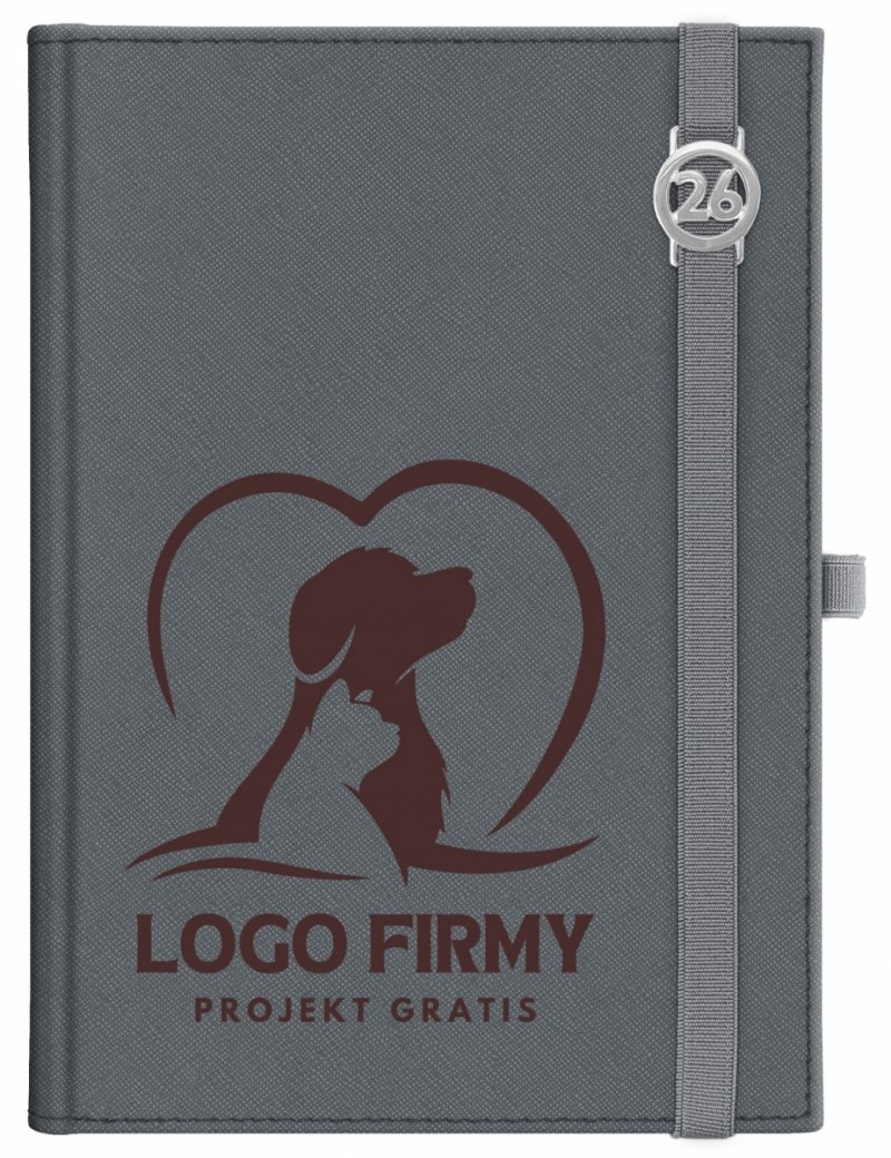 Kalendarz książkowy 2026 B5 dzienny papier chamois wycinane registry oprawa z zamykaniem na gumkę i mocowaniem na długopis ROSSA VIU szara Z NADRUKIEM LOGO