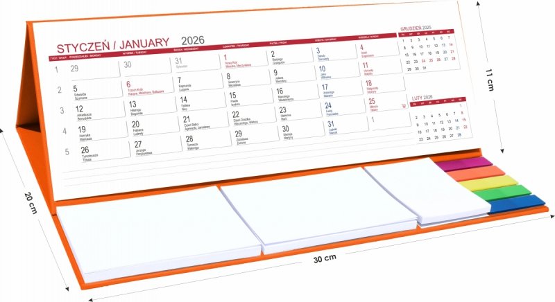 Kalendarz biurkowy z notesami i znacznikami samoprzylepnymi MAXI 2026 pomarańczowy